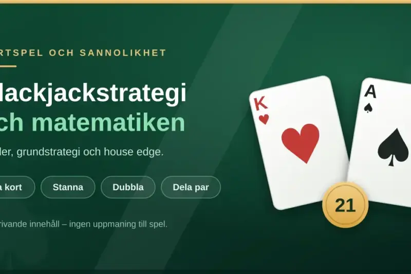 En grafisk bild med mörkgrön casinobakgrund, ett spelkort med hjärterkung och ett spaderess samt en guldmarkering med talet 21, bredvid rubriken ”Blackjackstrategi och matematiken”.