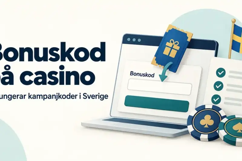 Illustration av ett bonuskodsfält på en bärbar dator, en kupong, en checklista, kasinomarker och en svensk flagga intill texten ”Bonuskod på casino – Så fungerar kampanjkoder i Sverige”.