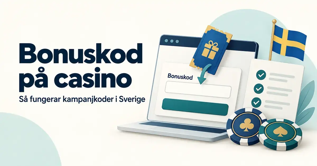 Illustration av ett bonuskodsfält på en bärbar dator, en kupong, en checklista, kasinomarker och en svensk flagga intill texten ”Bonuskod på casino – Så fungerar kampanjkoder i Sverige”.