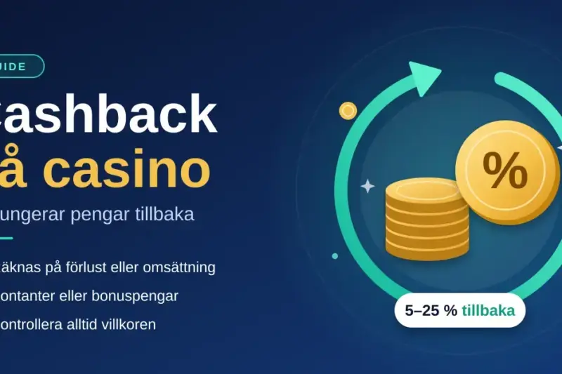 Grafik med rubriken "Cashback på casino" bredvid en stapel guldmynt och ett procentmynt inom en cirkelformad pil som symboliserar pengar tillbaka, med etiketten "5–25 % tillbaka".