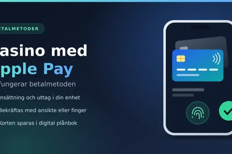 Illustration av en mobiltelefon med ett betalkort i digital plånbok och fingeravtrycksikon, med texten "Casino med Apple Pay – så fungerar betalmetoden".