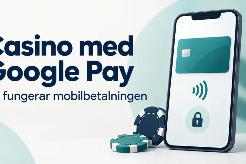 Illustration av en mobiltelefon med digitalt bankkort, kontaktlös betalningssymbol och hänglås intill två spelmarker och texten ”Casino med Google Pay – Så fungerar mobilbetalningen”.