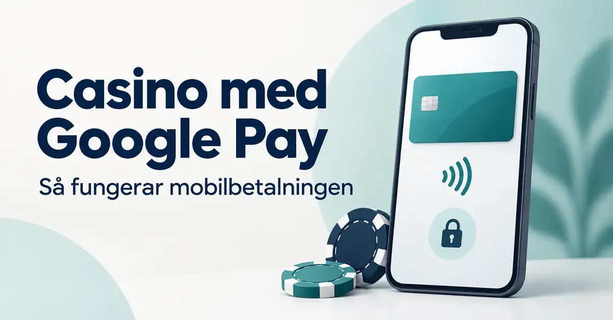 Illustration av en mobiltelefon med digitalt bankkort, kontaktlös betalningssymbol och hänglås intill två spelmarker och texten ”Casino med Google Pay – Så fungerar mobilbetalningen”.