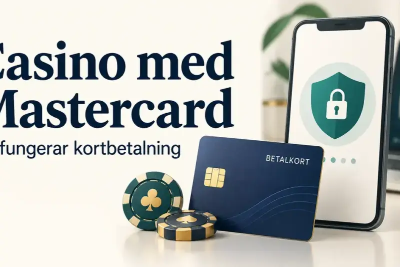 Illustration av ett betalkort, casinomarker och en mobil med låssymbol intill texten ”Casino med Mastercard – Så fungerar kortbetalning”.