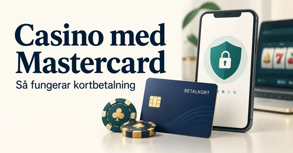 Illustration av ett betalkort, casinomarker och en mobil med låssymbol intill texten ”Casino med Mastercard – Så fungerar kortbetalning”.