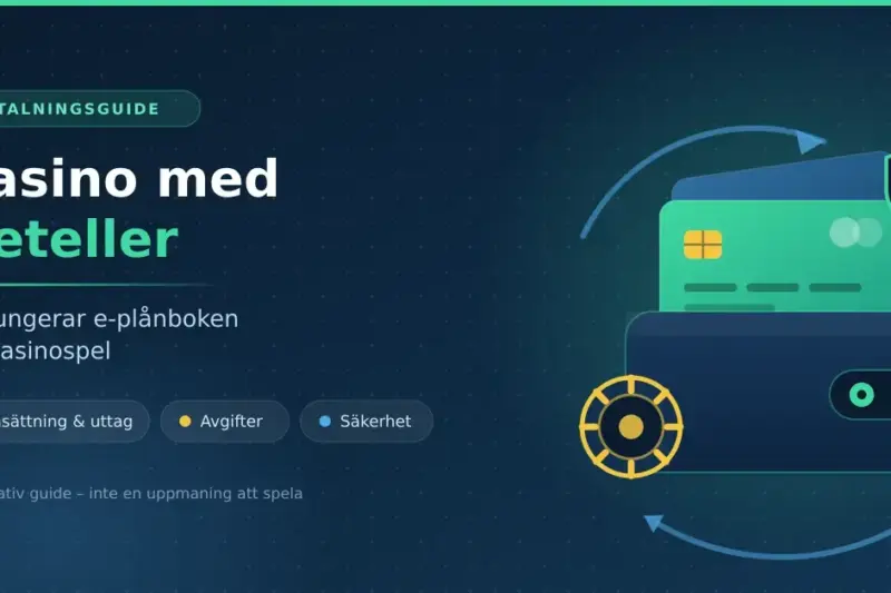 Guide om Neteller som betalmetod på casino: ett grafiskt kort med e-plånbok, betalkort, casinomarker och säkerhetssköld samt texten "Casino med Neteller – så fungerar e-plånboken för casinospel".