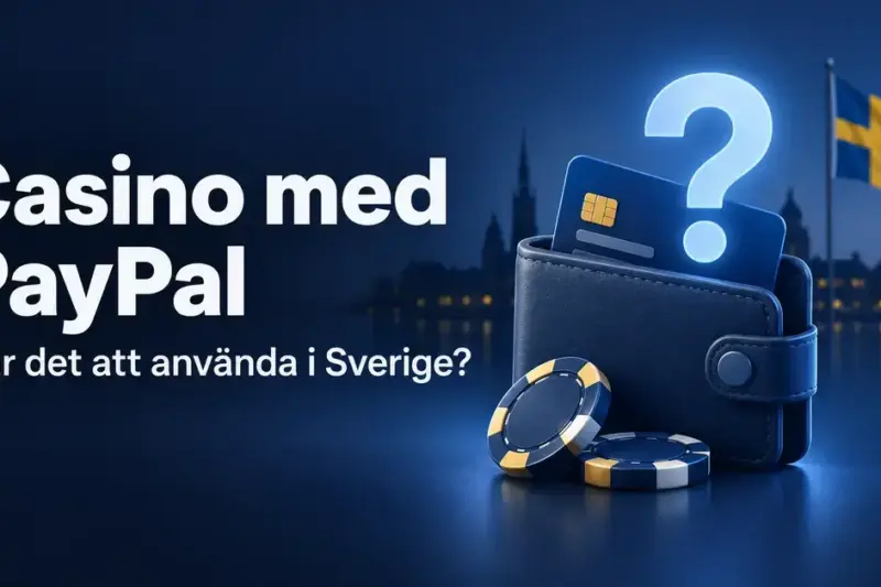 Illustration med plånbok, betalkort, spelmarker och svensk flagga intill frågan om PayPal kan användas på casino i Sverige.
