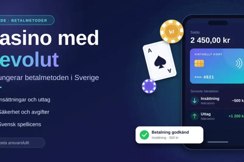 Illustration med rubriken ”Casino med Revolut – så fungerar betalmetoden i Sverige”, där en mobilapp visar ett virtuellt betalkort, en insättning och ett uttag hos ett nätcasino bredvid casinomarker, ett spelkort och en säkerhetssköld.