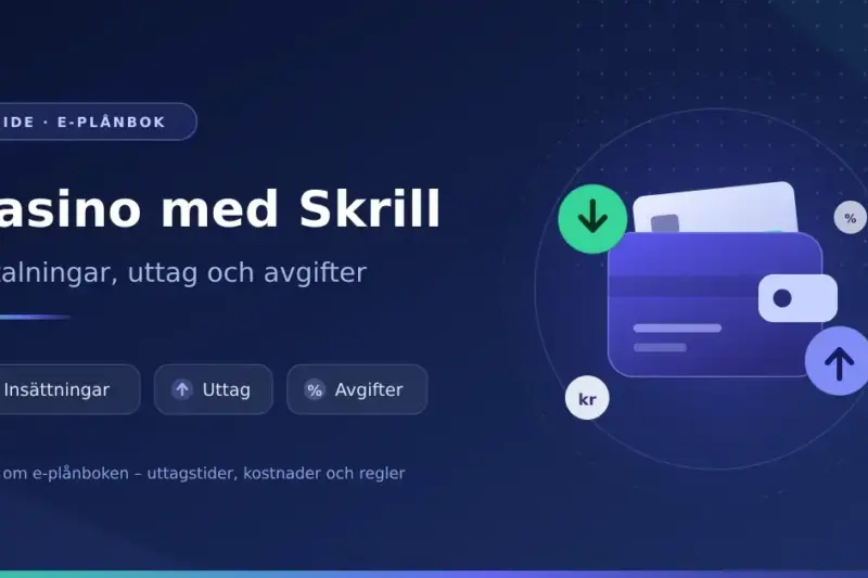 Illustration med digital plånbok, betalkort och pilar för insättning och uttag, med texten "Casino med Skrill – betalningar, uttag och avgifter".