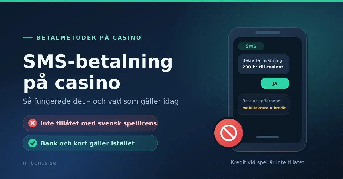 Grafik om SMS-betalning på casino som visar en mobil med en SMS-insättning på 200 kronor märkt som kredit, överlagd av ett förbudsmärke, samt texten att metoden inte är tillåten med svensk spellicens och att bank och kort gäller istället.