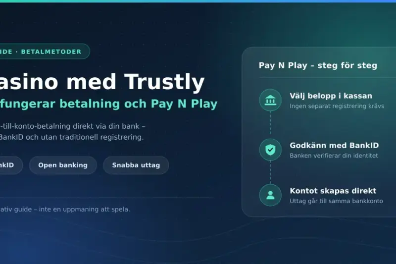 Informationsgrafik med rubriken "Casino med Trustly – så fungerar betalning och Pay N Play" och tre steg för Pay N Play: välj belopp i kassan, godkänn med BankID och få spelkontot skapat direkt med uttag till samma bankkonto.