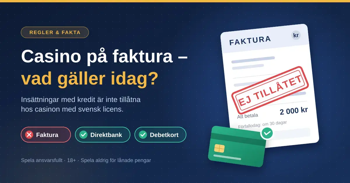 Grafik med rubriken "Casino på faktura – vad gäller idag?" som visar en faktura med stämpeln "Ej tillåtet" och ett debetkort, med markeringar för att faktura inte är tillåten medan direktbank och debetkort fungerar hos casinon med svensk licens.