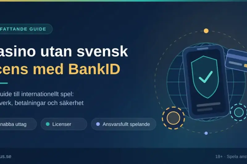 Illustration av en mobiltelefon med sköld och bockmarkering för säker BankID-inloggning framför ett jordklot, med texten "Casino utan svensk licens med BankID".