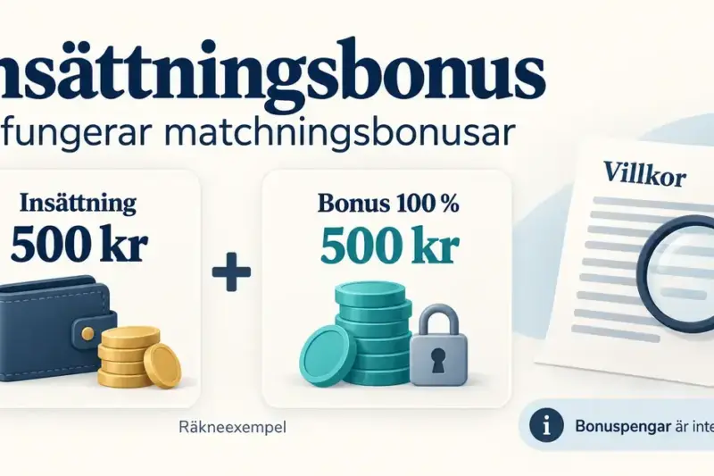 Illustration av en insättning på 500 kronor som matchas med 500 kronor i bonus, med låsta bonuspengar och ett förstoringsglas över villkoren.
