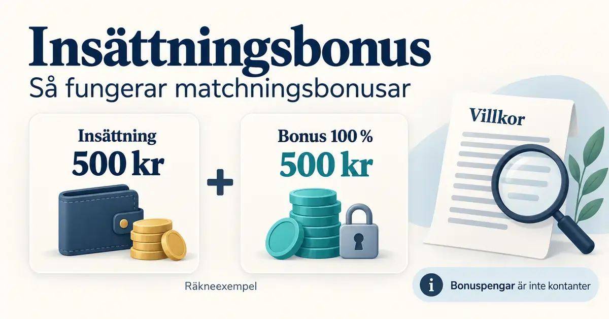Illustration av en insättning på 500 kronor som matchas med 500 kronor i bonus, med låsta bonuspengar och ett förstoringsglas över villkoren.