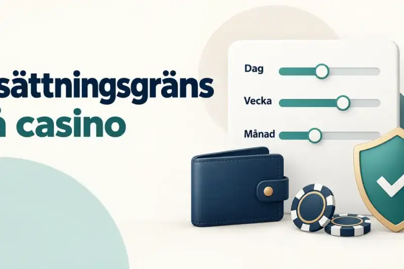 Illustration av insättningsgränser på casino med reglage för dag, vecka och månad samt en plånbok, spelmarker och en skyddssköld med bock.