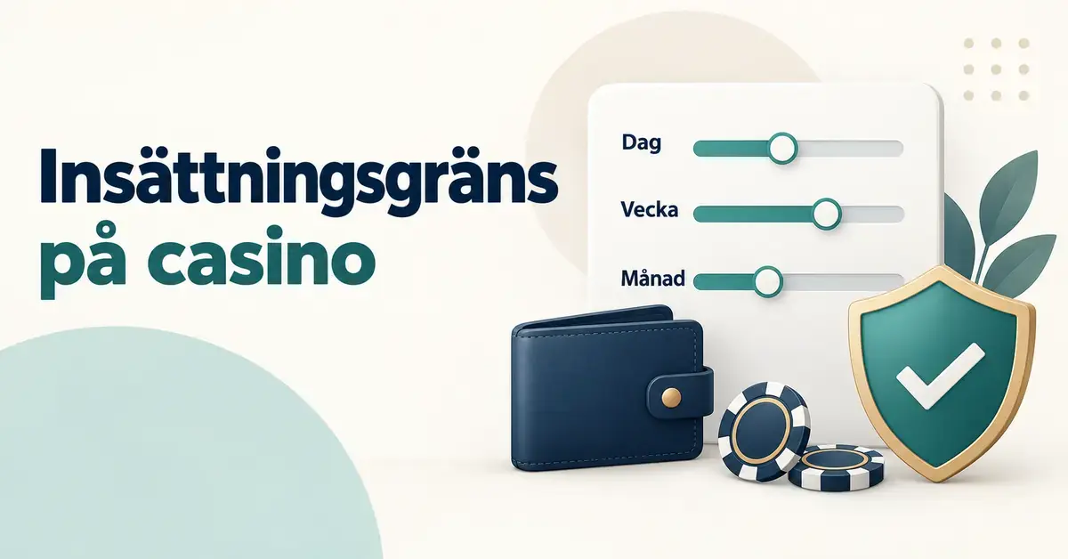 Illustration av insättningsgränser på casino med reglage för dag, vecka och månad samt en plånbok, spelmarker och en skyddssköld med bock.
