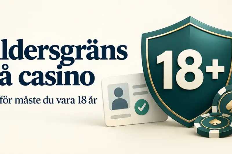 Illustration av en sköld med texten 18+, ett ID-kort och kasinomarker intill rubriken ”Åldersgräns på casino – därför måste du vara 18 år”.