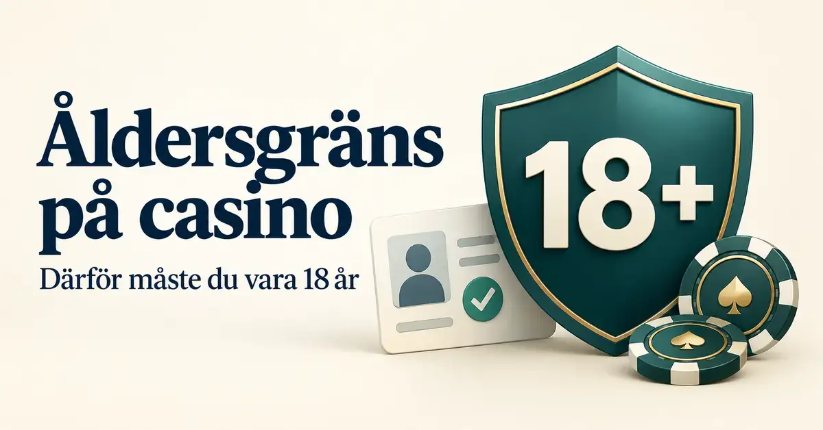 Illustration av en sköld med texten 18+, ett ID-kort och kasinomarker intill rubriken ”Åldersgräns på casino – därför måste du vara 18 år”.
