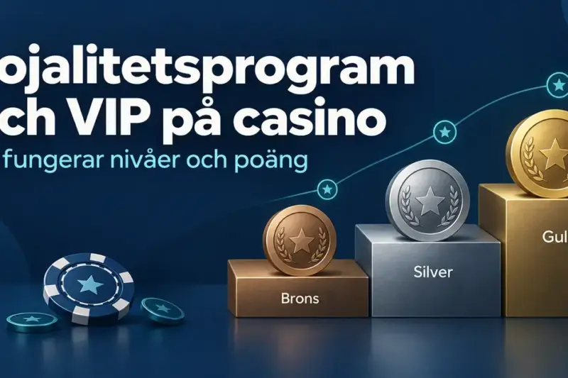 Illustration av casinots lojalitetsprogram med nivåerna Brons, Silver och Guld på en stigande trappa samt symboler för poäng.
