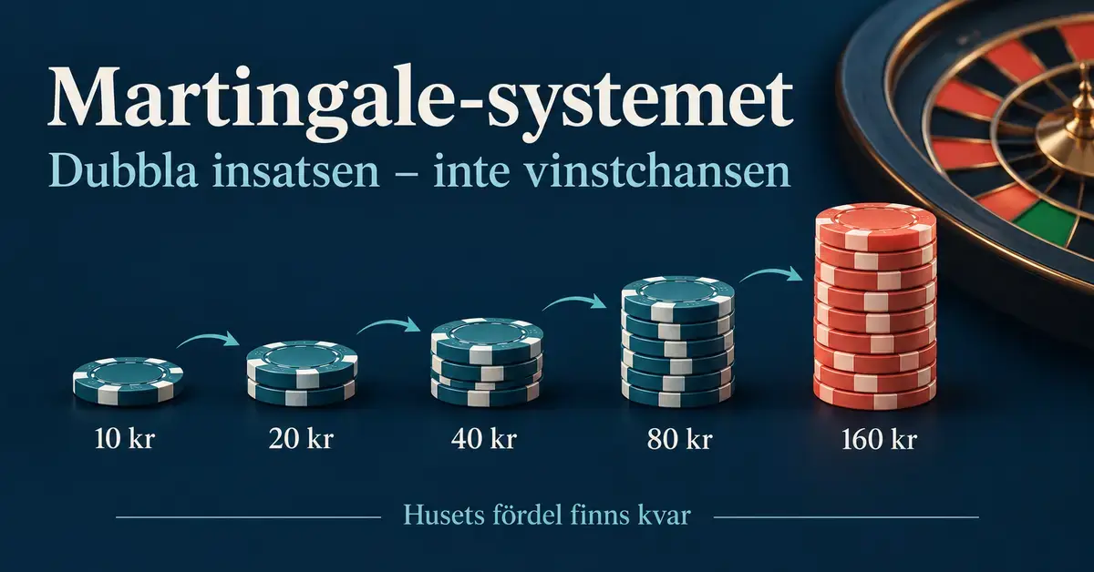 Illustration av Martingale-systemet med växande markerstaplar och insatser från 10 till 160 kronor intill ett roulettehjul samt budskapet att husets fördel finns kvar.