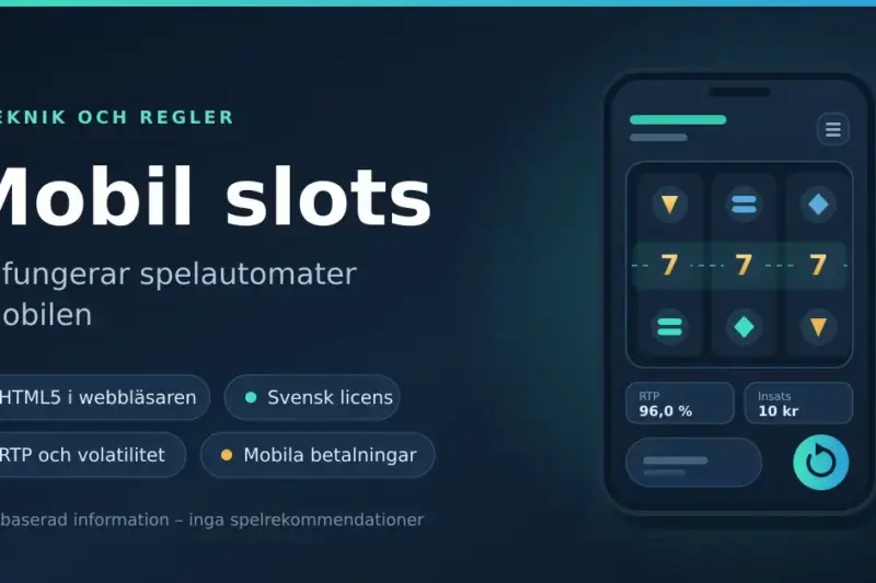 Illustration av en mobiltelefon som visar en spelautomat med tre hjul, symboler och uppgifter om RTP och insats, bredvid rubriken "Mobil slots".