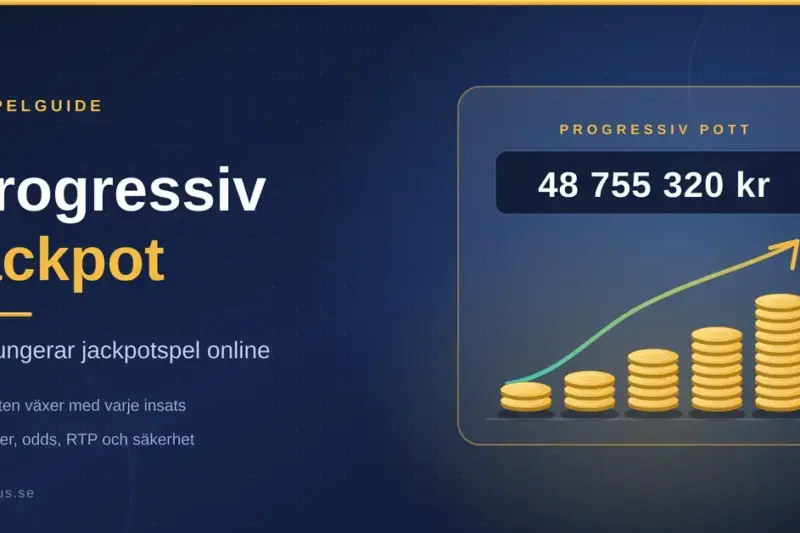 Illustration av en progressiv jackpot online: växande högar av guldmynt och en stigande pil bredvid en jackpotpott på 48 755 320 kr.