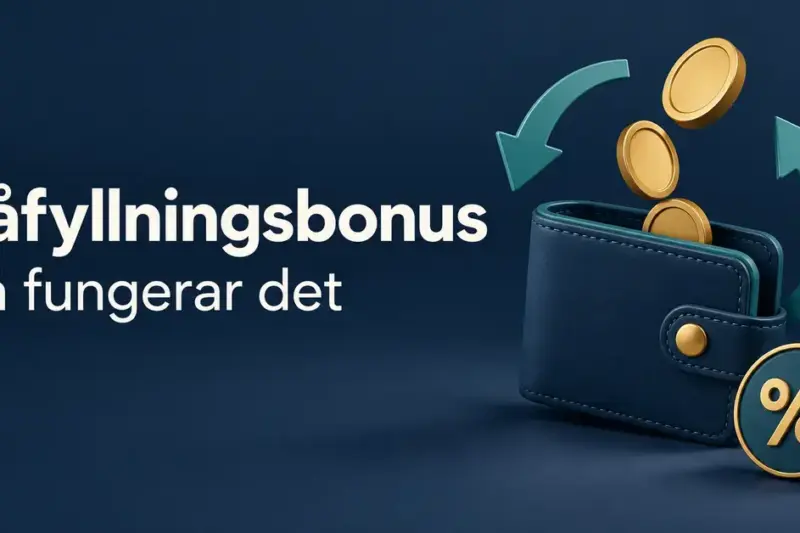 Illustration av en plånbok med mynt, cirkelformade pilar och en procentsymbol intill texten ”Påfyllningsbonus – Så fungerar det”.