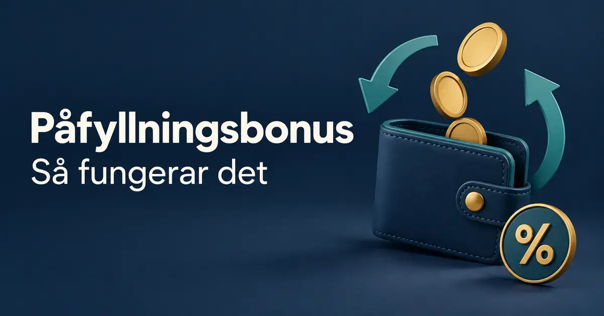 Illustration av en plånbok med mynt, cirkelformade pilar och en procentsymbol intill texten ”Påfyllningsbonus – Så fungerar det”.