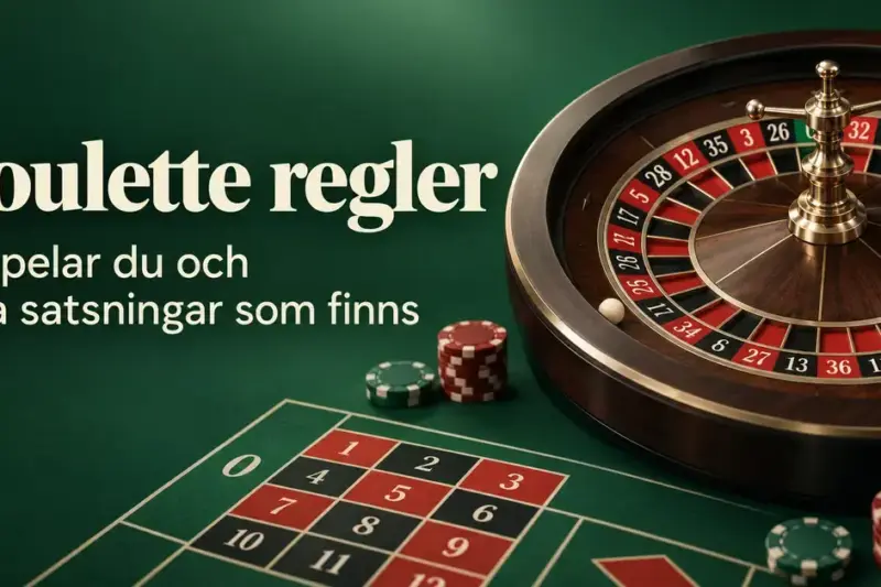Roulettehjul med kula och spelmarker på ett grönt satsningsbord bredvid rubriken Roulette regler.