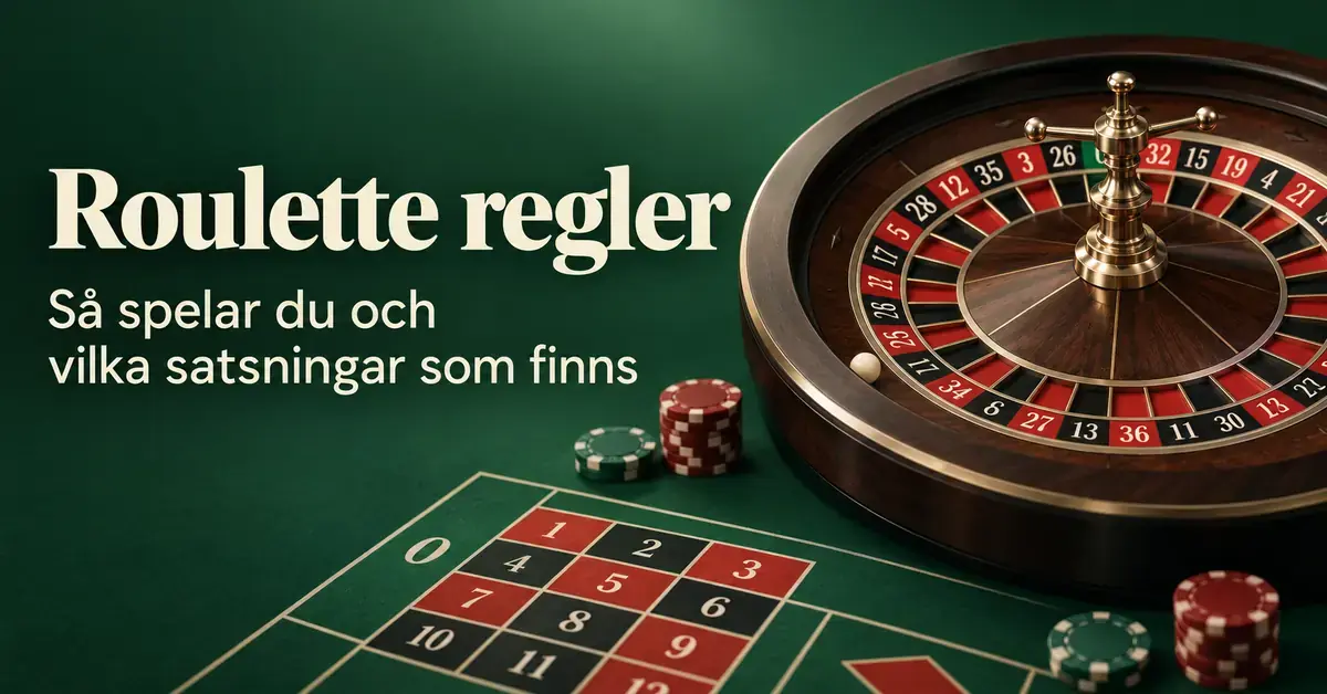 Roulettehjul med kula och spelmarker på ett grönt satsningsbord bredvid rubriken Roulette regler.