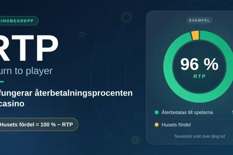 Grafik som förklarar RTP (return to player) med ett ringdiagram där ett exempel på 96 % återbetalas till spelarna och 4 % utgör husets fördel, enligt formeln husets fördel = 100 % − RTP.