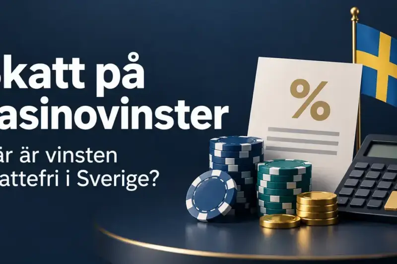 Illustration med kasinomarker, mynt, miniräknare och svensk flagga intill rubriken ”Skatt på casinovinster” och frågan ”När är vinsten skattefri i Sverige?”.