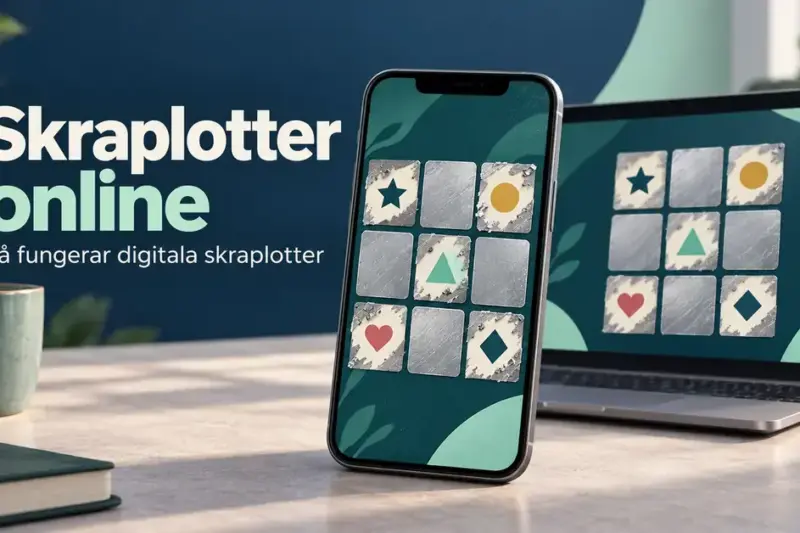 Mobil och bärbar dator visar digitala skraplotter med delvis framskrapade symboler intill texten ”Skraplotter online – Så fungerar digitala skraplotter”.