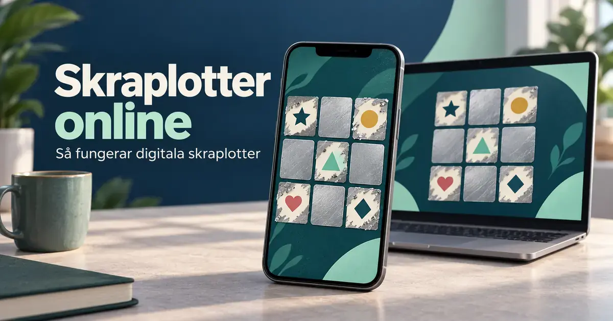 Mobil och bärbar dator visar digitala skraplotter med delvis framskrapade symboler intill texten ”Skraplotter online – Så fungerar digitala skraplotter”.
