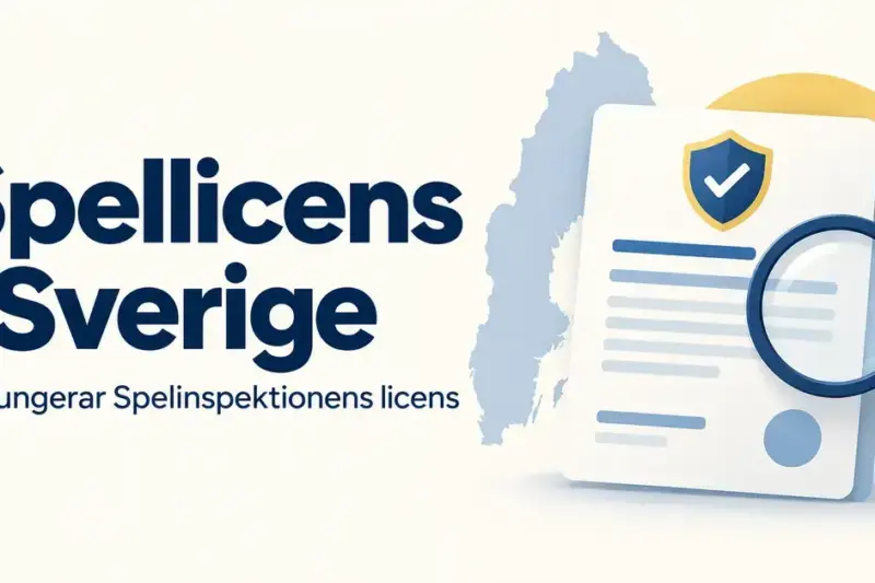 Illustration om spellicens i Sverige med ett licensdokument, en sköld med bock och ett förstoringsglas framför en Sverigekarta.
