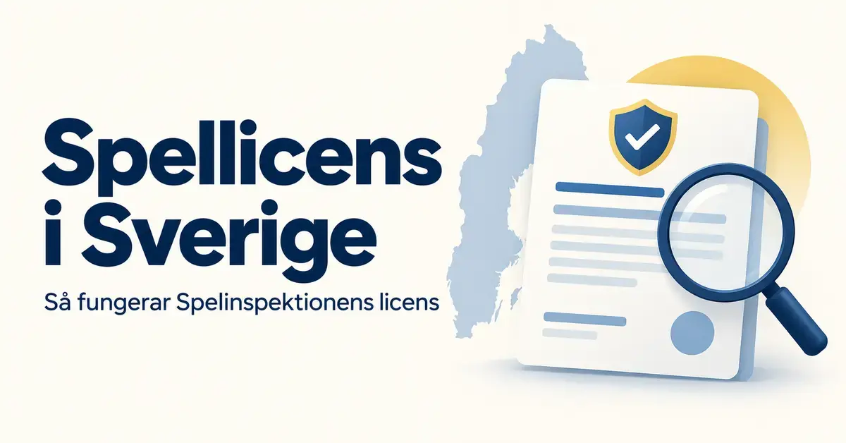 Illustration om spellicens i Sverige med ett licensdokument, en sköld med bock och ett förstoringsglas framför en Sverigekarta.