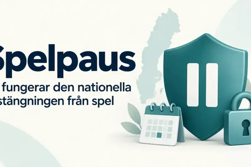 Illustration om Spelpaus med en sköld med paussymbol, ett hänglås och en kalender framför en Sverigekarta.