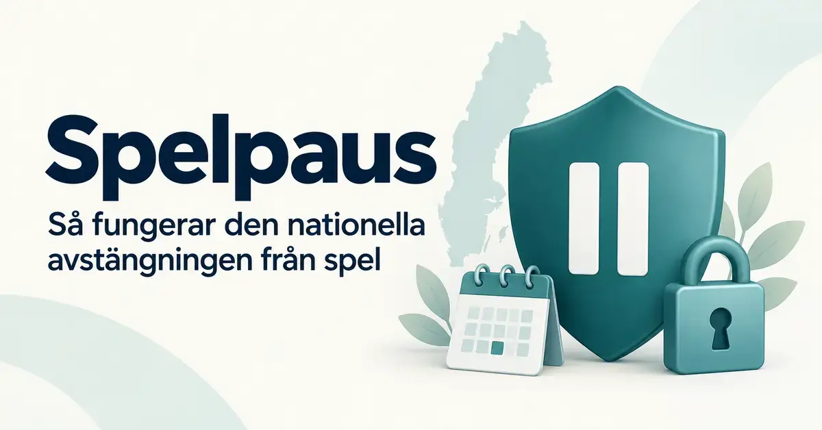 Illustration om Spelpaus med en sköld med paussymbol, ett hänglås och en kalender framför en Sverigekarta.
