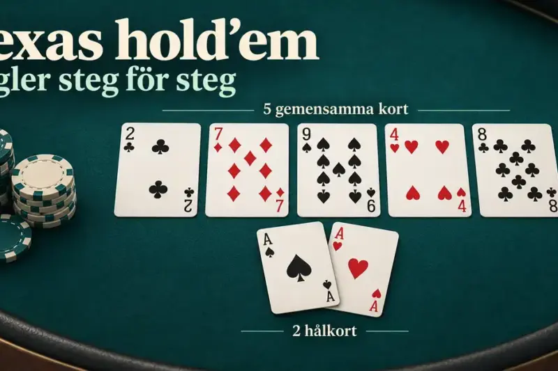 Illustration av Texas hold'em med fem gemensamma kort, två hålkort och pokermarker på ett grönt pokerbord.