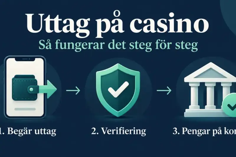 Illustration av ett casinouttag i tre steg: begär uttag via spelkontot, genomgå verifiering och få pengarna på kontot.