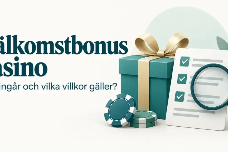 Illustration av ett bonuspaket, kasinomarker och en checklista med förstoringsglas intill texten ”Välkomstbonus casino – Vad ingår och vilka villkor gäller?”.