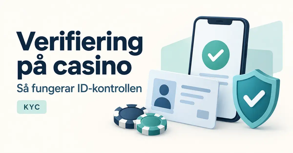 Illustration av ID-kontroll på casino med mobiltelefon, ID-kort, en sköld med bock och spelmarker samt texten ”Verifiering på casino – Så fungerar ID-kontrollen”.