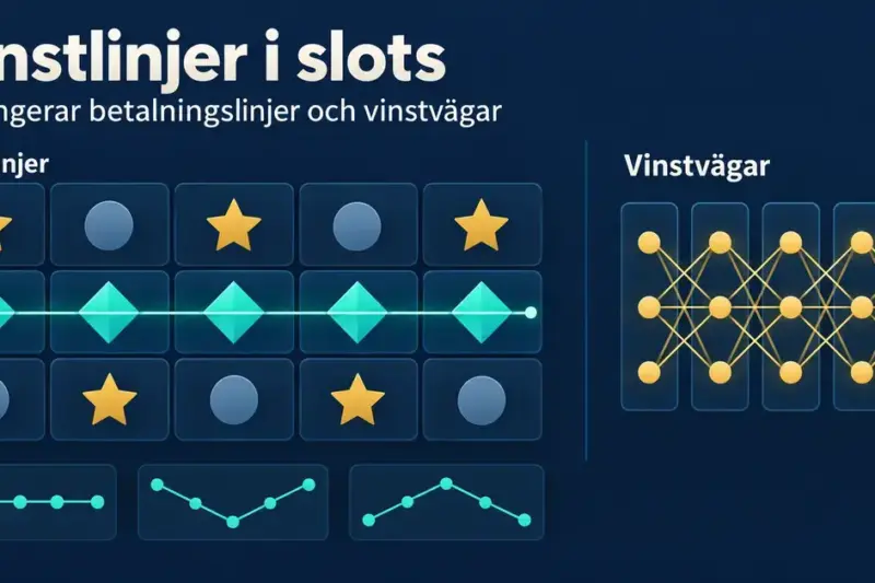 Illustration av en slot med fem matchande symboler längs en rak vinstlinje, olika linjemönster och ett diagram över förgrenade vinstvägar.