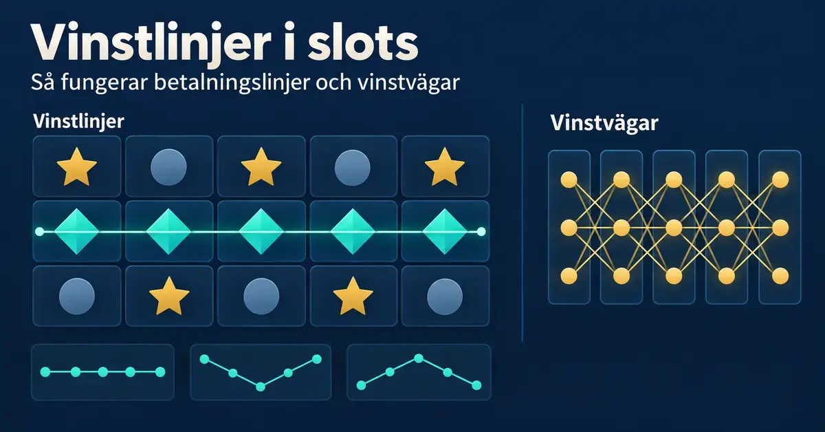 Illustration av en slot med fem matchande symboler längs en rak vinstlinje, olika linjemönster och ett diagram över förgrenade vinstvägar.