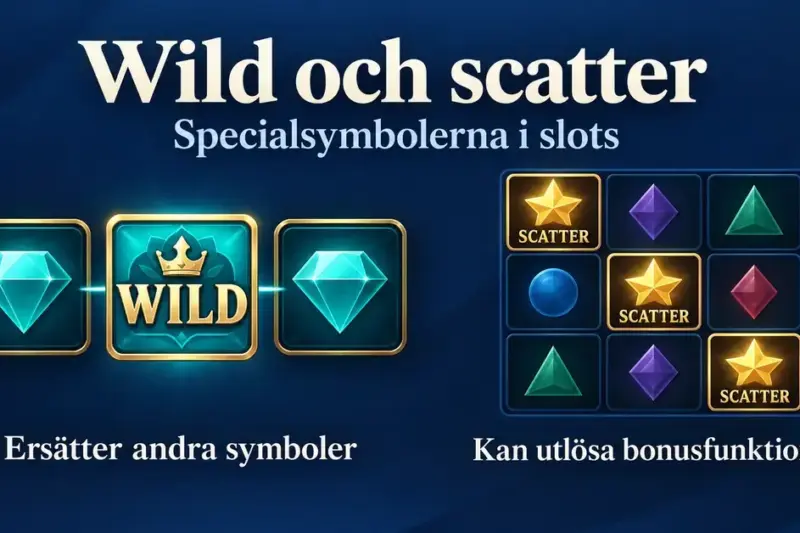 Illustration av en wildsymbol som ersätter andra symboler i en vinstkombination och tre scattersymboler som kan utlösa bonusfunktioner i slots.