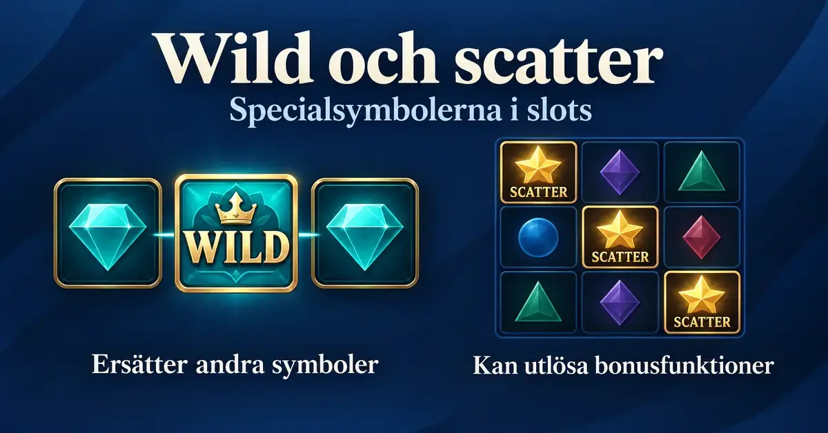 Illustration av en wildsymbol som ersätter andra symboler i en vinstkombination och tre scattersymboler som kan utlösa bonusfunktioner i slots.